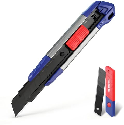 WORKPRO Set Taglierino 18mm in Alluminio, Coltello Multiuso Taglierino per Moquette, Lame a Strappo SK5 con Rivestimento Nero, incl. 10 Lame di Ricambio