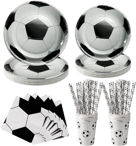 PYAILI Fútbol Party Tableware Set,Decoración de fiesta de cumpleaños de fútbol 20 invitados,Fútbol blanco y negro platos de papel vasos servilletas Decor para fiesta de cumpleaños