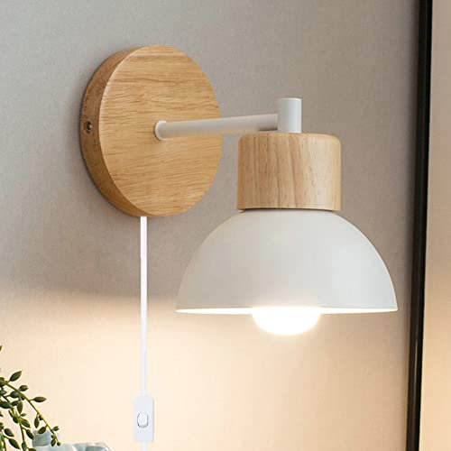Aplique de Pared Moderno, Lámpara de Pared para Dormitorio E27 con Interruptor Iluminación Interior Luz de Pared Simple en Madera y Metal Lámparas para Salón Pasillo (sin bombilla) (Blanco)
