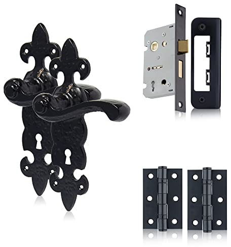 XFORT Smithy's Range Fleur De LYS Lever Lock Pack Black Antique - Complete Set with Door Handles, 65mm Sash Lock and 75mm Hinges.