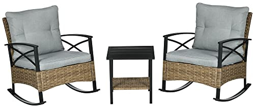 Outsunny 3 Piece Patio Rocking Chair Set, Outdoor Wicker Bistro Set with 2 Cushioned Porch Rockers and 2 Tier Coffee Table for Garden, Porch, Backyard, Light Gray