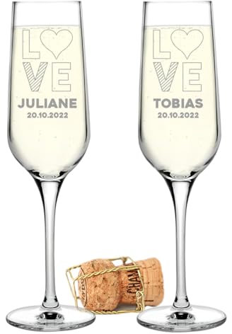 Leonardo - Copas de Cava, Copas de Vidrio, Champán (2 unidades, con nombre y fecha), diseño con grabado