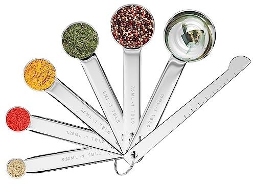 Fousenuk 7 pezzi Cucchiai Dosatori, Misurini Cucina Set in Acciaio Inox 304 con 6 Misurini Cucchiai e 1 Righello, per Culinaria e Pasticceria, Cucchiai Dosatore per Misurare Solidi e Liquido