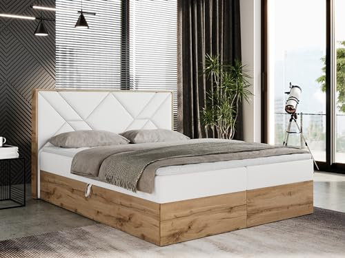 MKS MEBLE Boxspringbett 160x200 mit Bettkasten, Polsterbett 160x200 mit Matratze H4, Boxspringbett 160x200 mit Kopfteil, Boxspringbett mit Massivholz - Gunar - Weiß Kunstleder - H4