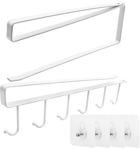 Juyibaao 2 Stück Tassenhalter Ohne Bohren, Tassenhalter und küchenrollenhalter mit 4 Klebeschraube, Tassen Haken Unter Schrank Küche Aufbewahrung für Home Office Kaffee Bar (Weiß)