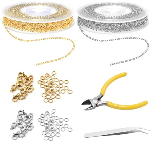 2 rullar 5m länkkedja, med 40 hummerlås och 100 bindringar | kedja säljs per meter, kedjehantverk för gör-det-själv-armband, kedja, smyckestillverkning med skärare, pincett