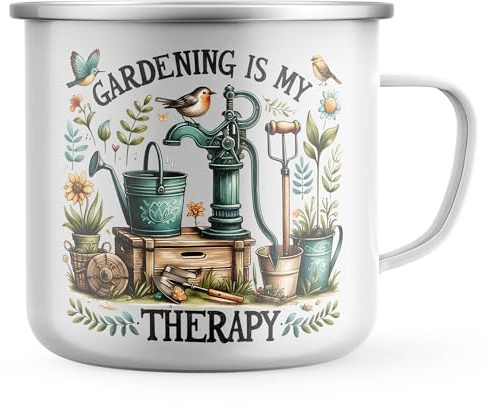 Purple Print House Gardening Is My Therapy Womens Enamel Mug Ladies Gardener Tea Coffee Metal Cup Garden