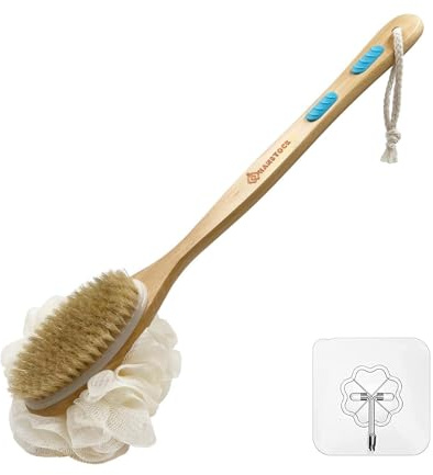 Hanstock Back Scrubber 43cm Long Wooden Handle, Double-Sided Shower Brush with Stiff Bristles and Loofah Exfoliates and Massages Skin, Ideal for Men and Women