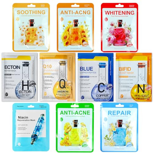 10 Pezzi Maschera Viso Idratante,Daily Care maschera viso in tessuto,Per La maggior parte dei tipi di pelle,Sheet Face Mask,Idratanti,Lenitive,Maschera Idratante Viso Nutriente