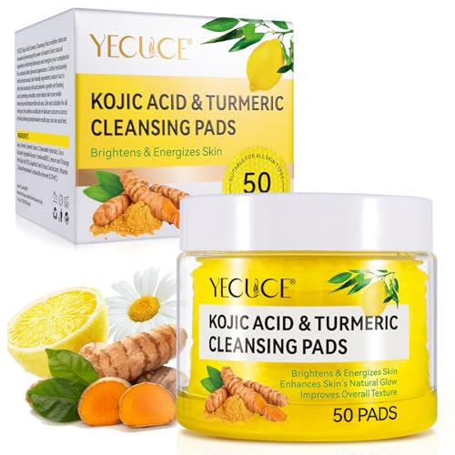 Kojic Acid and Turmeric Cleansing Pads, Turmeric Kojic Acid Face Pads, Turmeric Face Exfoliating Pads, Balance Skin Oil And Water, Gentle, Deep Clean Pores, 50 PCS