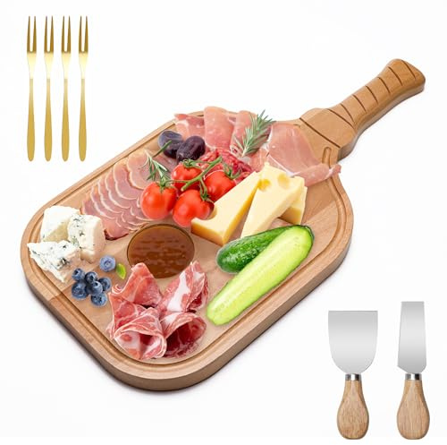 Pickleball Paddle Snack Tray with 2P Cheese Knives and 4P Forks, Pletpet 17x8.5 Pickleball Charcuterie & Cutting Board with Handle Large Cheeseboard Wood Gifts for Women