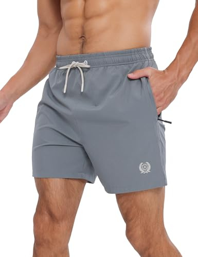 APTRO Mens Swim Shorts Quick-Dry Mesh Lining Summer Beach Shorts 4-Way Stretch Swim Trunks with Zipper Pockets Grey L