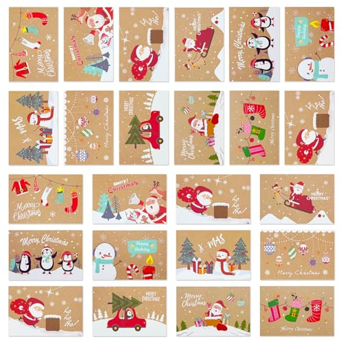 Zyluniy Lot de 24 Cartes de Noël avec Enveloppe et Autocollants, Cartes Postales de Noël, Carte de Vœux Anniversaire Femme, Christmas Birthday Cards, Carte de Vœux Pliantes pour Femmes Hommes Enfants