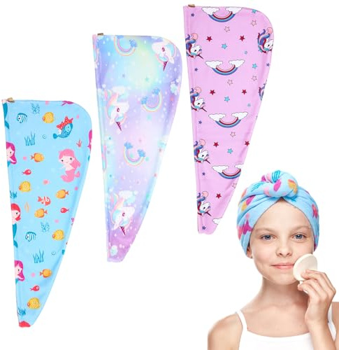 Xialvyu 3 piezas de toalla turbante de microfibra para niños con botón de dibujos animados turbante toalla de secado rápido unicornio sirena corazón diseño adecuado para niñas y mujeres