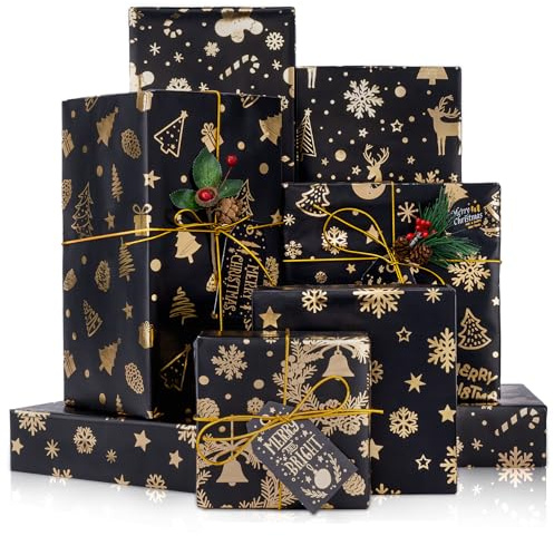 Larcenciel Papel Regalo Navidad Metálico Brillante, 6 Hojas Papel de Regalo Negro y Dorado + Etiqueta + Pegatina + Cordón Elástico Dorado, Envoltorio Regalo de Lujo para Año Nuevo, Navidad, 70x50cm