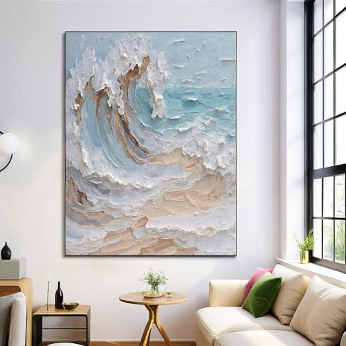 Impresiones Lienzo Artísticas De Pared De Relieve Playa Olas 3D, Textura Pintura Al Óleo Azul Claro, Posters En Cuadro Lienzo Para Decoración De Sala De Estar Y Dormitorio, Sin Marco, 80X120Cm