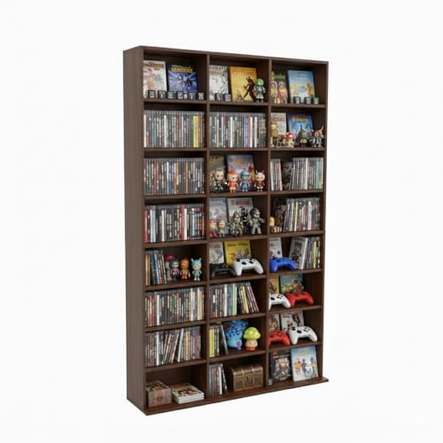 holzart 8-Tier Media Storage Cabinet, Tall Wooden CD DVD Rack Organizer, Freestanding Media Display Shelf Tower for Video Games, Movies, Books and Collectibles, 40 x 64, Rustic Brown Finish