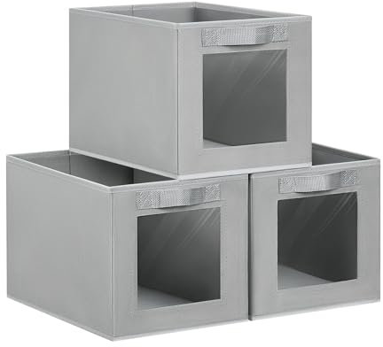 DIMJ 3 Stück Aufbewahrungsboxen Stoff, Aufbewahrungskorb mit Transparentem Sichtfenster, Faltbare Aufbewahrungskiste, Kleiderschrank Organizer für Kleidung, Bücher, Spielzeug usw. (Hellgrau)