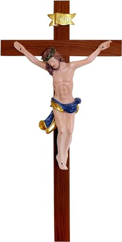 Kaltner Präsente Idea regalo: croce da parete da 35 cm, crocifisso in legno di abete rosso e noce, dipinta a mano, statuetta di Gesù Cristo in resina di alta qualità, decorazione