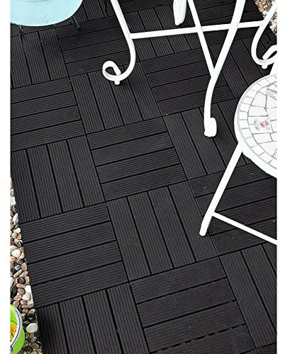 10 pcs Plastic Wooden Decking Tiles Vertical Pattern 30 x 30 cm Varnished Wood Garden (Black)
