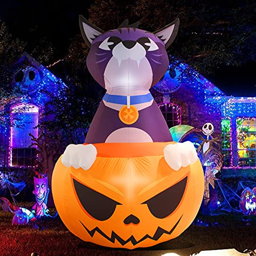 QSUM Gonfiabili di Halloween Gatto Zucca 2,5 m, Luci a LED Decorazioni notturne Esterne Ventilatore ad aria incorporata Halloween Gigante Prato Gonfiabili per Giardino Decorazione da Giardino
