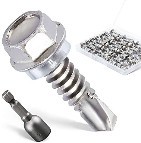 Litorange 50 tornillos de cabeza hexagonal autoperforantes de acero inoxidable M6.3 x 25 mm 410, tornillos autoperforantes con cabeza hexagonal para tubos de ventilación, ventiladores, rieles de metal