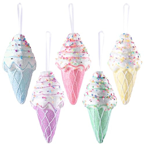 Ice Cream Party Decorations Ornaments, 5pcs Christmas Tree Hanging Candy Gift, Macaron Color Dessert Pendant Set for Xmas New Year Easter Birthday Home Party Supplies (Ice Cream)