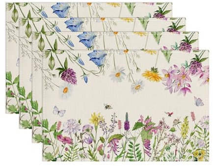 Lot de 4 sets de table, motif fleurs sauvages, papillons, pâquerettes, lavables, pour cuisine, intérieur, fête, 30 x 45 cm