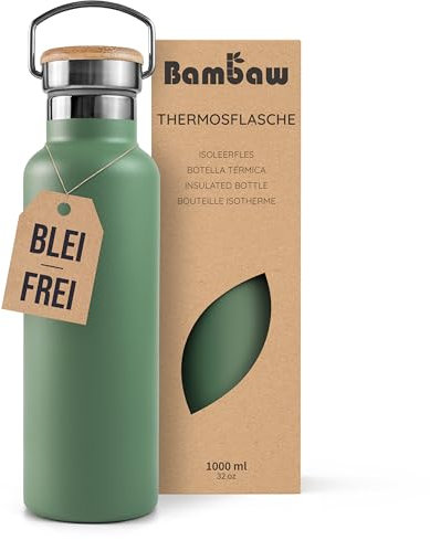 Bambaw Botella térmica 1 litro, Botella agua verde, Botella agua acero inoxidable 1 litro, Botella gimnasio, Termo agua caliente y fría, Cantimplora acero inoxidable – Verde salvia