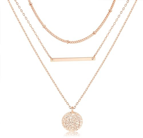 LOLIAS Kette Gold Damen Layering Halskette 18k Vergoldet Silber & Rosegold Wasserfest Lange Ketten mit Anhänger für Frauen Doppel Mehrreihige Zarte Goldene Kette Damen Rund Plättchen Schmuck