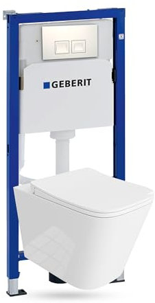 GEBERIT Duofix Basic Vorwandelement + Wand Tiefspül WC Maio Weiß Spülrandlos + WC Sitz + Bedienplatte Delta 25 Weißer Knopf Komplettset Unterputz Spülkasten Toilette Komplett Sett WC