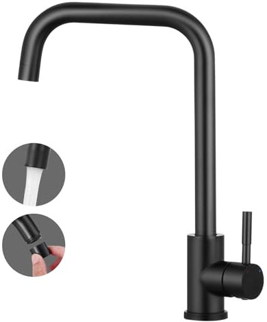 Lovhaus Robinet de cuisine noir, robinet de cuisine rotatif à 360°, mitigeur de cuisine, robinet d'évier de cuisine en acier inoxydable, robinet de cuisine haute pression avec bec haut