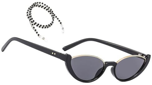 MEGAVOW Half Frame Cat Eye Sunglasses For Women, Transparent Colored Lens, Retro Personalized Eyewear, UV400 Protection, Trendy Eyewear with Eyeglasses Straps Chain, For Beach Party Fancy Dress