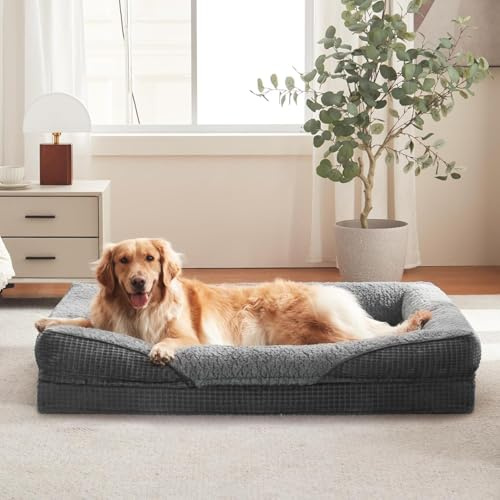 FURTIME Panier Chiens Orthopédique Grandes Tailles, Mousse Mémoire À Alvéoles, Lit pour Chien Amovible, Lavable Et Antidérapant, Coussin Chien À Bords Hauts Et Support Renforcé, 107 * 81 * 19cm