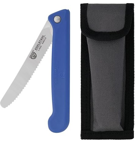 GRÄWE Klappmesser mit Wellenschliff, Frühstücksmesser, Brötchenmesser, Tomatenmesser, klein, klappbar (mit Liner Lock Mechanik), scharf, Brotzeitmesser aus Spezialstahl mit Etui, blau
