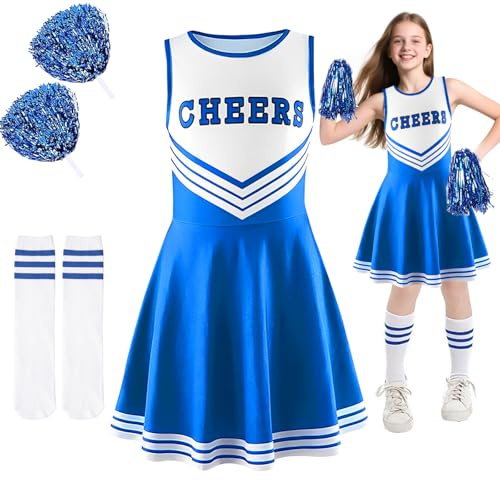 Costume Cheerleader Bambina, Vestito Cheerleader Ragazza, Uniforme da Cheerleader con Pon Pon Calzini, Costume da Cheerleader per Ragazze, Carnevale o Evento Sportivo Scuola Festa Cosplay (140)