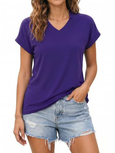 Enmain Womens Top Short Sleeve V Neck T-Shirt Summer Blouses | with Neck Scarf, Work, Casual, Business, Social for Day-to-Night, Breathable, Soft, Wrinkle Resistance, Stretchy