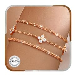 3 Pezzi Bracciale Donna Oro Rosa, Quadrifoglio Bracciale Argento 925 Con Zirconi, Regolabili Set Bracciali Amicizia Sovrapponibili Braccialetto, Moda Gioielli Donna Regalo Amica Regali Mamma, Oro Rosa