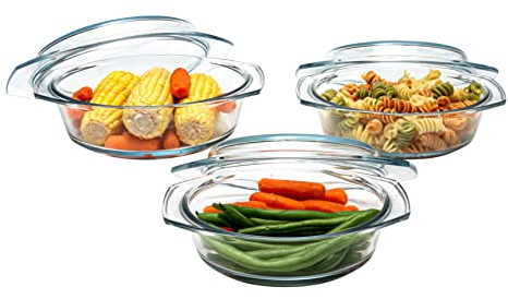 Simax Casserole Dish Set, Set of 3 Casserole Dish with Lid, Round Glass Cookware, Borosilicate Glass, Made In Europe 0.75 Quart, 1 Quart and 1.5 Quart Baking Dishes…