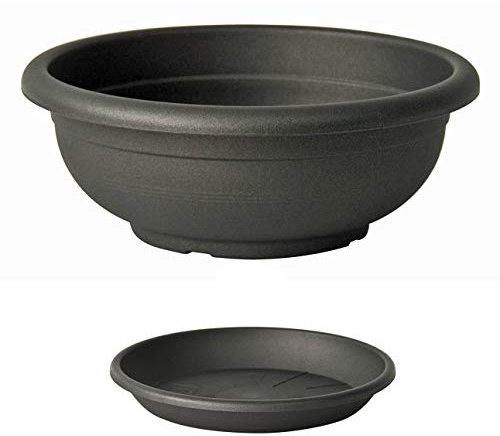 Euro3plast Olimpo Blumenschale mit Untersetzer in rund 20, 25, 30, 35, 40, 45, 50, 60 cm in anthrazit Terra Taupe (35 cm, Anthrazit)