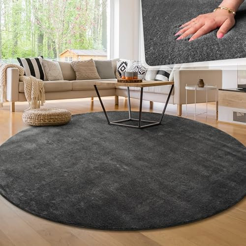 Paco Home Moderner Kuscheliger Wohnzimmer Teppich Kurzflor waschbar flauschig Weich Einfarbig Felloptik zeitlos stilvoll rutschfest pflegeleicht, Grösse:120 cm Rund, Farbe:Anthrazit
