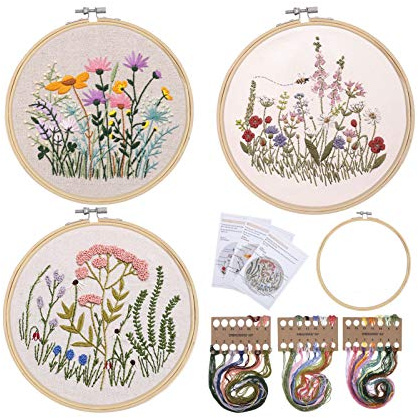 RosewineC 3 Pack Embroidery Kit for Beginners Floral Patterns Cross Stitch Kits for Adults DIY Craft Set Included Hoop, Pre-Printed Fabrics, Threads, Needles
