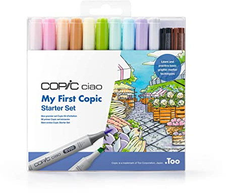 COPIC Ciao Set My First Copic, Starter Set mit 10 Twin Markern, 2 Multilinern Black und Sepia 0,3 mm, 3 Malvorlagen und 8 Blatt Premiumpapier DIN A6, inkl. Anleitung
