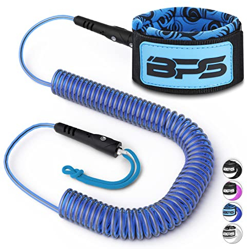 BPS 'Storm' Ultralite Surf SUP Coiled Leg Rope - 10 Foot Ankle Leash with Double Stainless Steel Swivels and Hidden Key Pocket - Surfboard Longboard Paddleboard Leash (Koru Dark Blue)