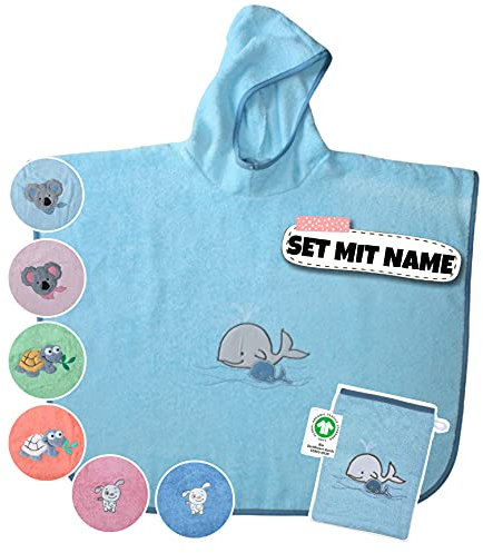 Stickling Set Kinder Poncho + Waschlappen personalisiert | 100% Bio Baumwolle | personalisiert mit Namen | Baby Kapuze Bademantel | Badeponcho | Kinder Badetuch | bis 7 Jahre (Walfamilie Türkis)