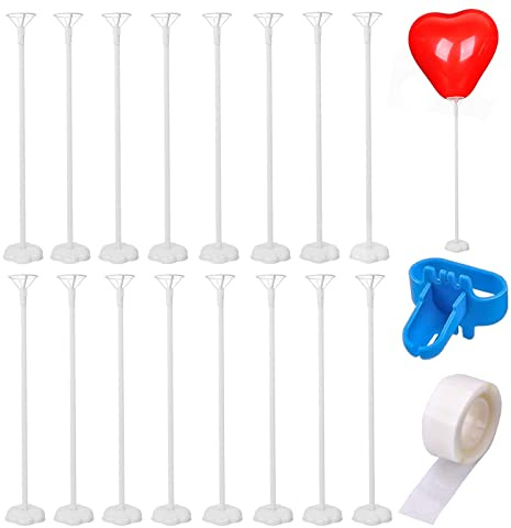 Kit de support de ballons de table - 16 pièces - Réutilisables - Avec support pour ballons de table - Avec tasse et base - Pour décoration de fête d'anniversaire de mariage - Blanc