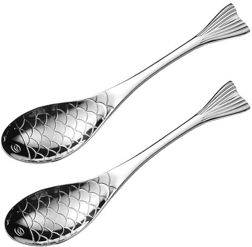 Pinenjoy 2 x 16 cm Fischlöffel, 18/10 (304) Edelstahl, Besteck für Suppe, Brei, Dessert, Müsli, Reis (Silber)