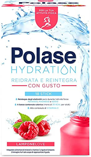 Polase Hydration, Integratore Alimentare Sali Minerali con Magnesio e Potassio e Vitamina C, Per la Tua Attività Fisica, Reidrata e Reintegra, Senza Glutine, Gusto Lampone, 18 sticks