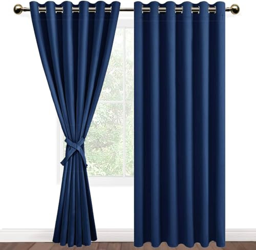 DWCN Blackout Curtains 90 x 90 Inch with Tiebacks for Bedroom Thermal Insulated Solid Eyelet Curtains for Living Room,2 Panels,90 Wide x 90 Drop,Dark Blue