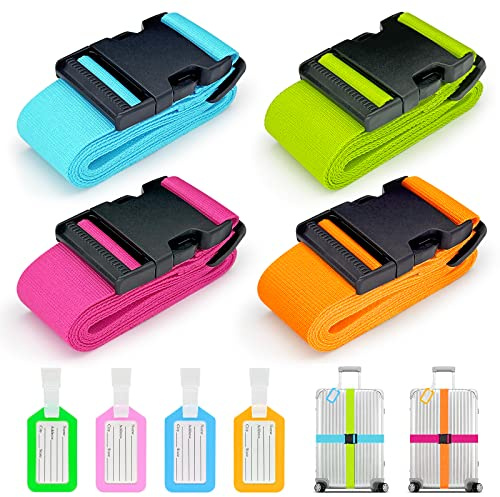 4 cinghie per valigia, cinghie regolabili per valigia con targhetta per indirizzo, 4 colori, cinghie per valigie, accessori da viaggio, cintura per bagagli, cinghia per chiusura sicura (4 colori)